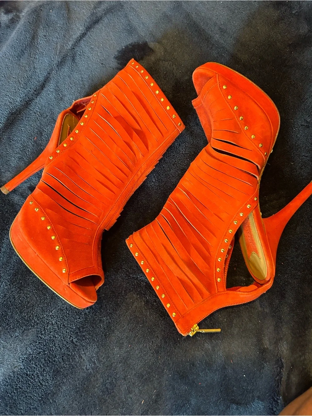 Boutique 9 Reddish Orange Suede Peep-Toe Platform Bootie with Gold Studs